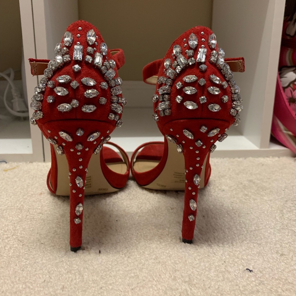 BCBG Generations red suede rhinestone heel accent